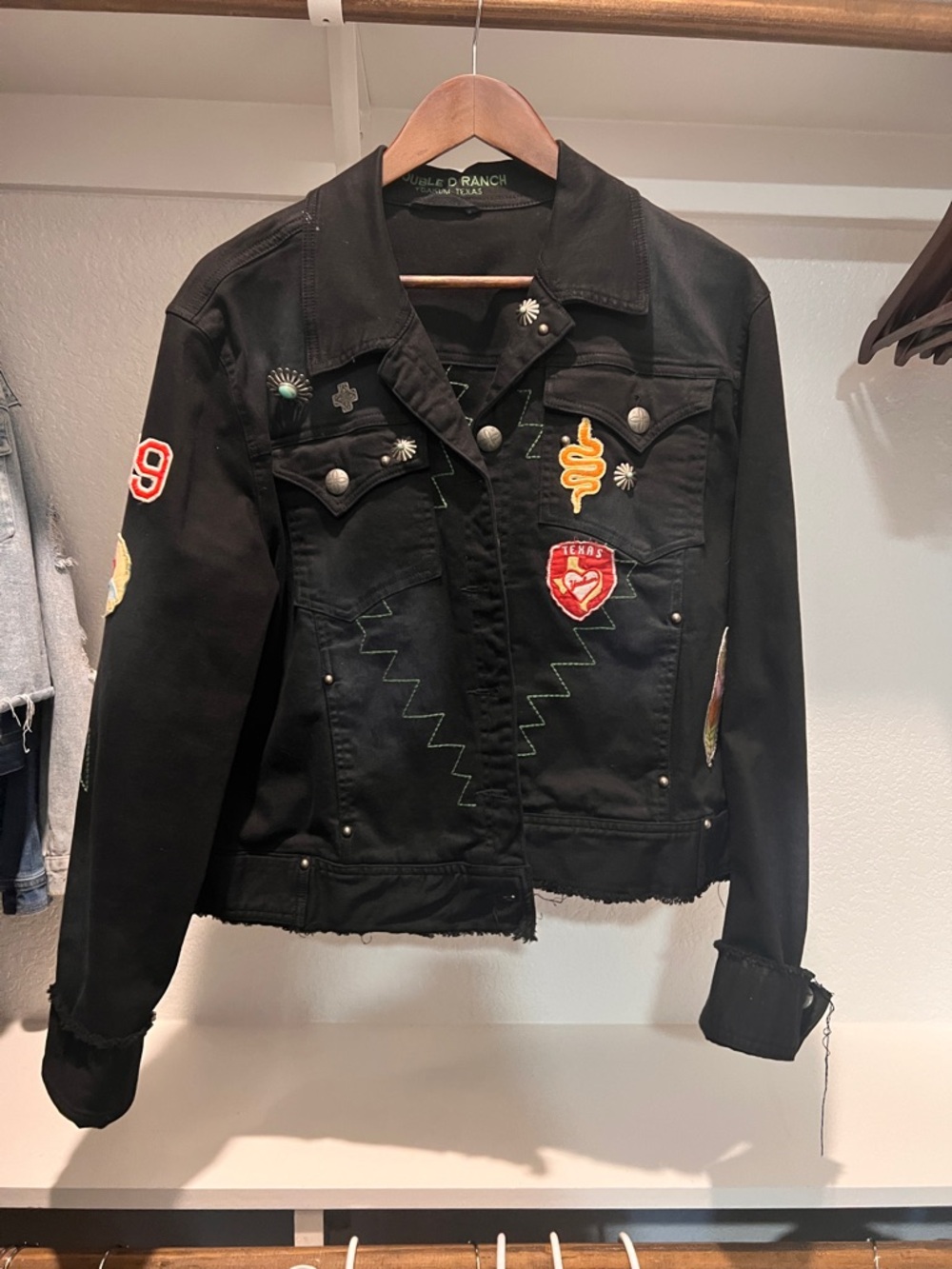 Double D Ranch Black Patchwork Jean Jacket with Embroidered Patches